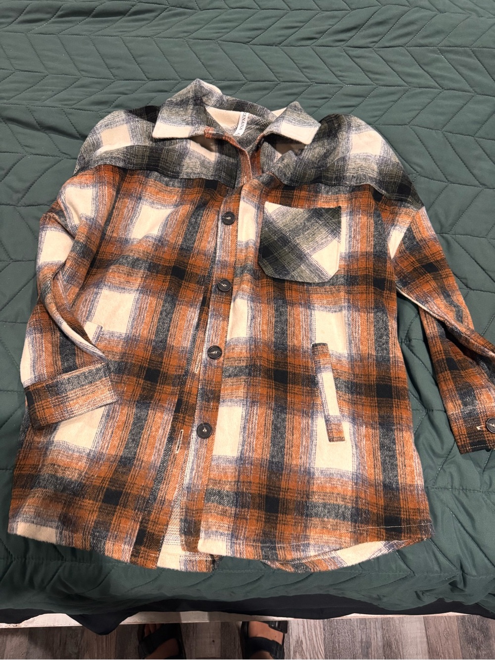 Zenana Outfitters Orange, Cream & Black Plaid Button-Front Shirt